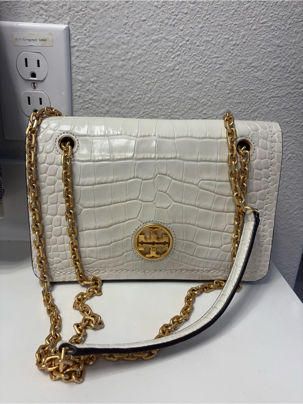 Tory Burch Ivory Croc-Embossed Chain Shoulder Bag with Gold Hardware